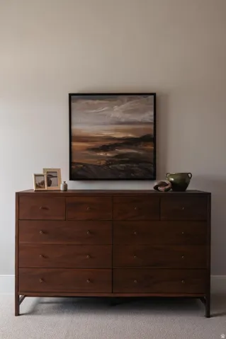 Dark wood-finish dresser featuring nine drawers with circular hardware