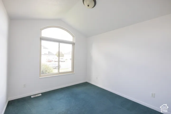 Arched window with blinds, white walls, green carpet, and a ceiling-mounted light fixture