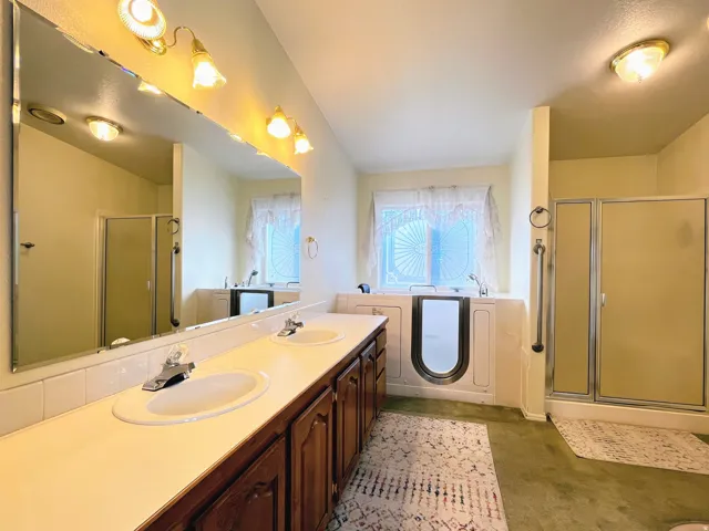 Bathroom featuring a dual vanity with laminate countertops and wood cabinetry