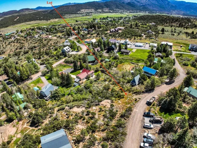 Aerial overview of a residential area with a prominent lot marked by a red line