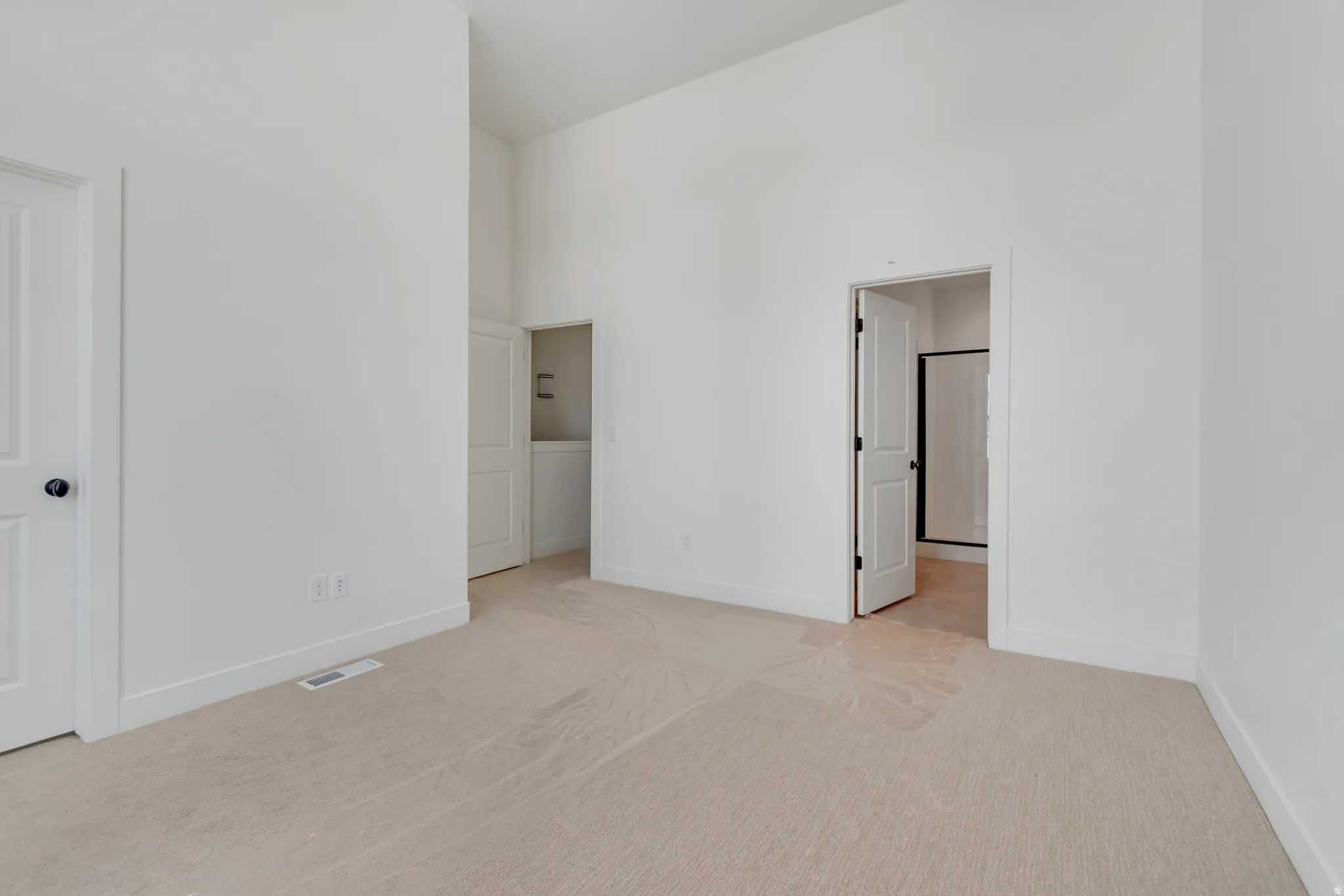 Spacious room featuring neutral carpeting, white walls, a white paneled door with a black knob, and a doorway opening to a bathroom with a black-framed shower