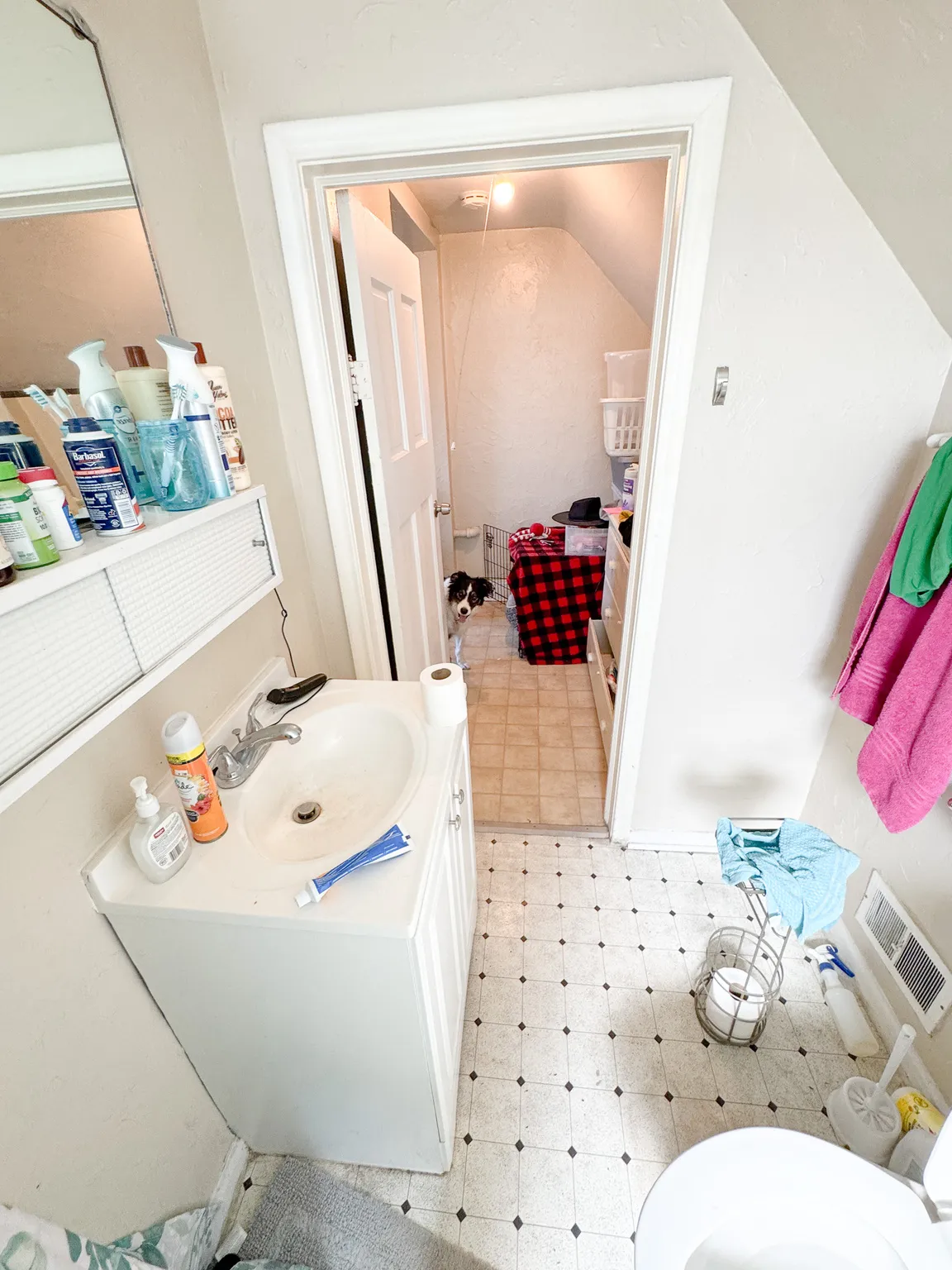White vanity with integrated sink