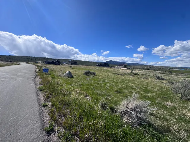 Paved road bordering an expansive grassy lot with distant mountain scenery