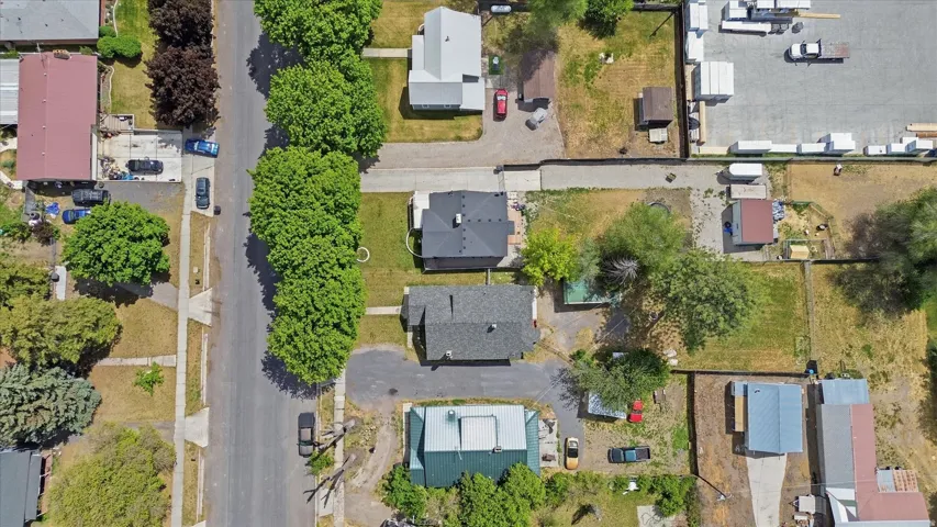 Aerial perspective showcasing residential properties along a paved street with mature trees