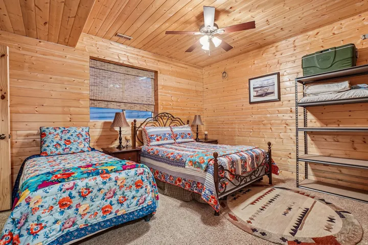 Room featuring natural wood-paneled walls and ceiling, a window with a woven shade, and neutral carpet flooring