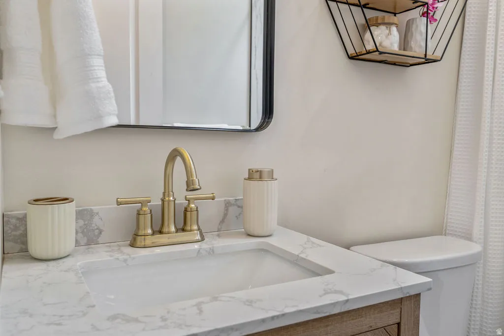 Bathroom vanity featuring a gold-finish faucet, undermount sink, and a stone-finish countertop