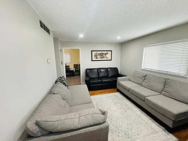 Living area featuring light gray wall paint and recessed ceiling lighting