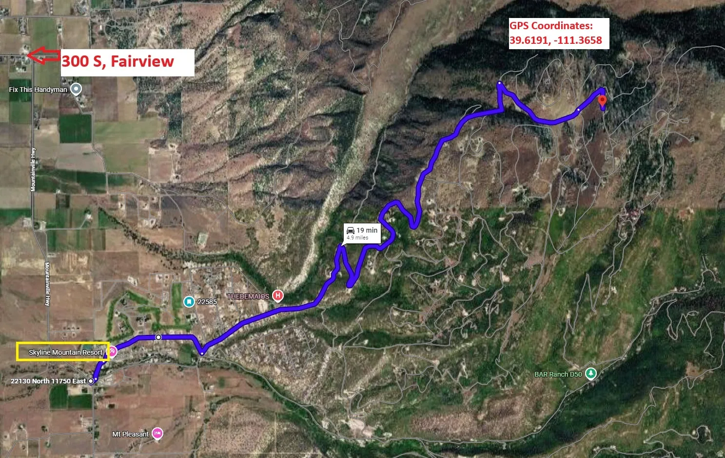 Map, Route. Illustrating a navigational path to the property with coordinates