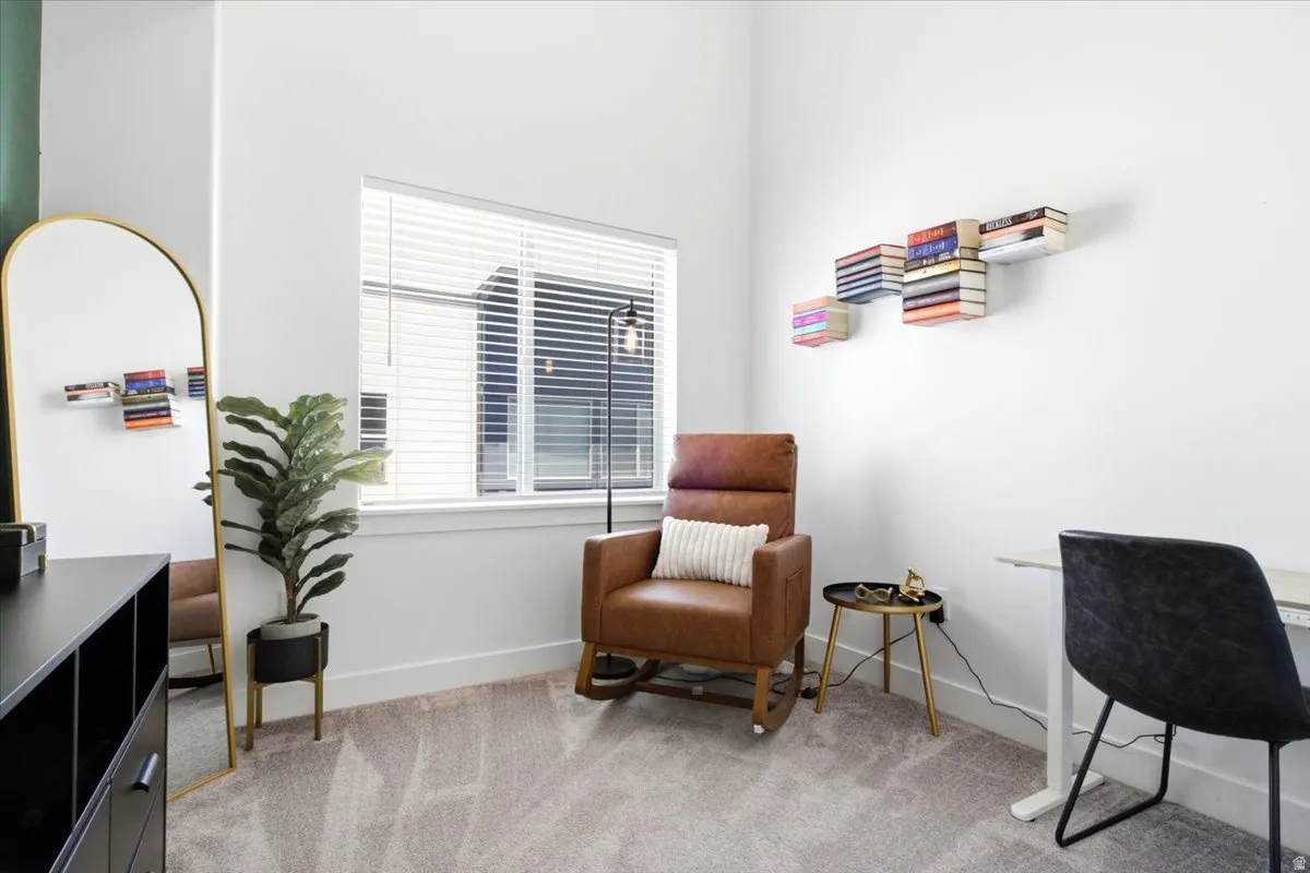 Bright interior space featuring light-toned carpeting and white walls