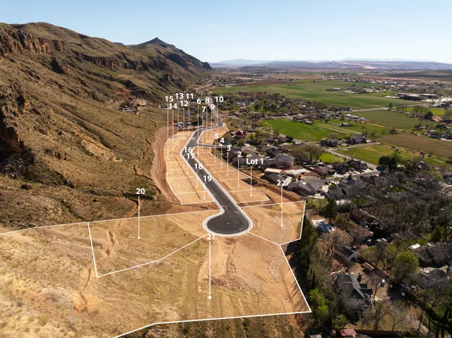 Aerial perspective showcasing numerous demarcated lots for residential development