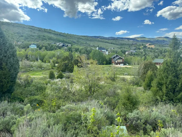 Expansive, verdant landscape featuring a distant mountain range and a bright blue sky with scattered clouds