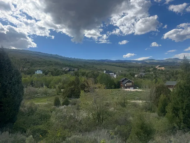 Expansive mountain landscape featuring varied foliage and scattered residences