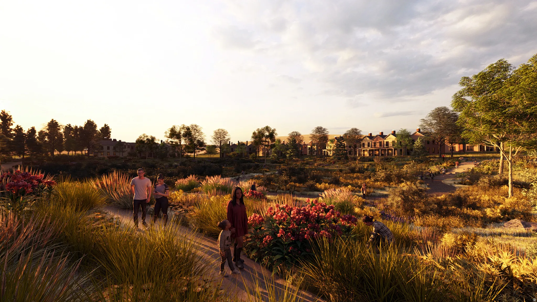 Community setting featuring a collection of traditional-style homes, extensive natural landscaping, winding pathways, mature trees, and flowering shrubs