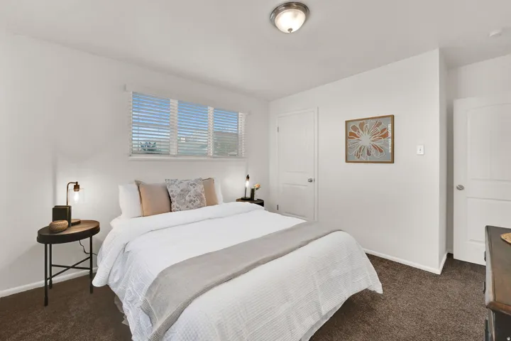 Carpeted room featuring a ceiling-mounted light fixture, white walls, and a multi-pane window with blinds