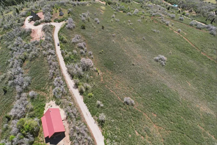 Expansive sloped terrain featuring a winding unpaved road, dense natural vegetation, and two structures with red roofs