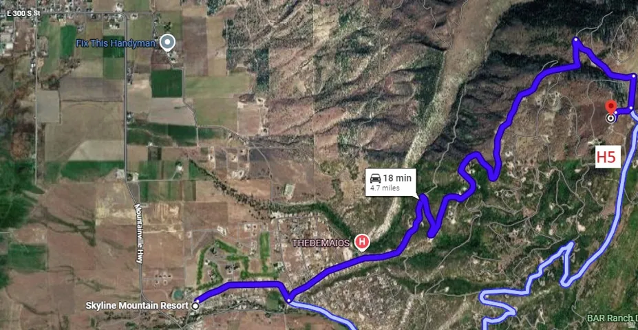Map Image. Indicating a route and travel time between two points on the property