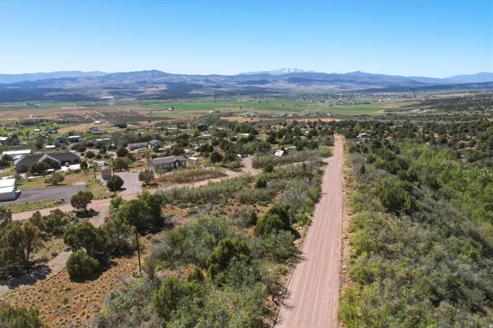 Expansive land parcel featuring a dirt road, varied vegetation including green and arid foliage, and distant mountain ranges under a clear sky