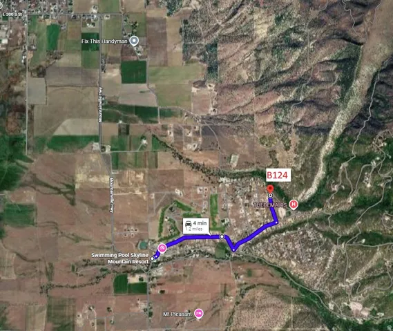 Map. Illustrating a route between two points with associated distance and estimated travel time