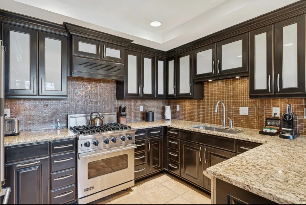 Gourmet kitchen featuring dark wood cabinetry with frosted glass inserts, speckled light-toned countertops, a mosaic tile backsplash, stainless steel gas range, and a stainless steel sink with a gooseneck faucet