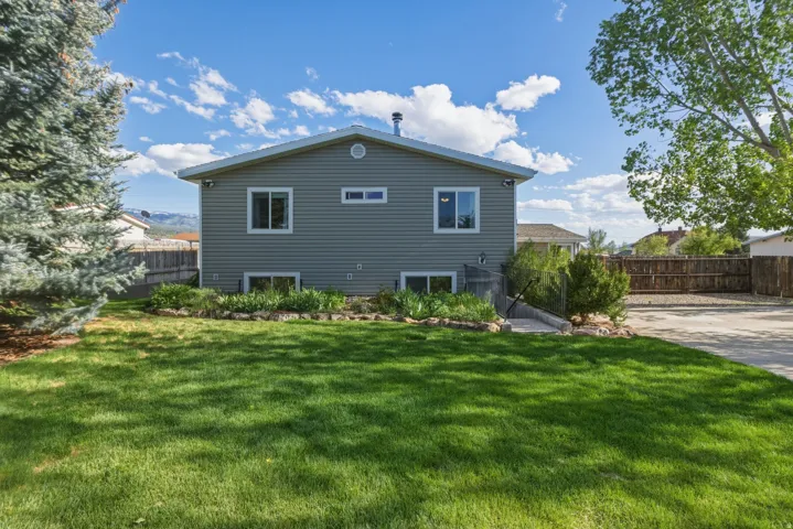 Spacious backyard with a vibrant green lawn, established landscaping, and mature trees