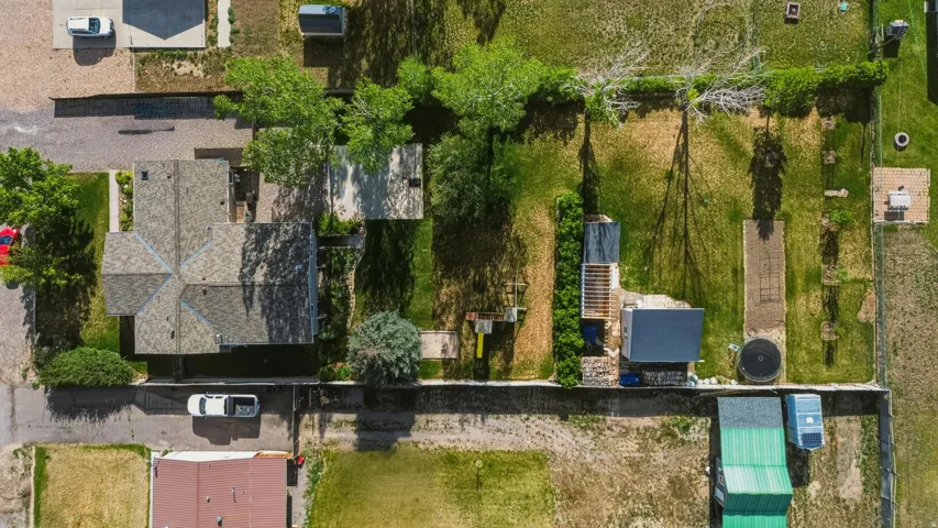Aerial view of the house and yard.