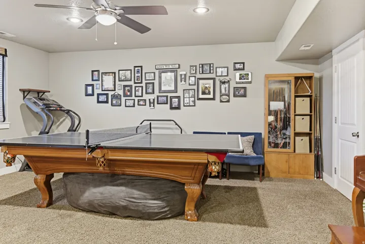 Large Living Room featuring recessed lighting, a ceiling fan, and carpet flooring