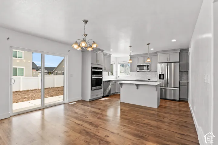 Kitchen featuring grey shaker-style cabinetry, stainless steel appliances, a central island, wood-finish flooring, and sliding glass doors