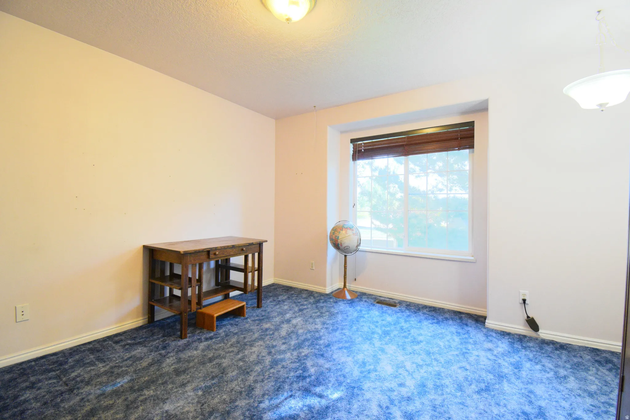 Room featuring a large window with wooden blinds, textured carpeting, and light-toned walls