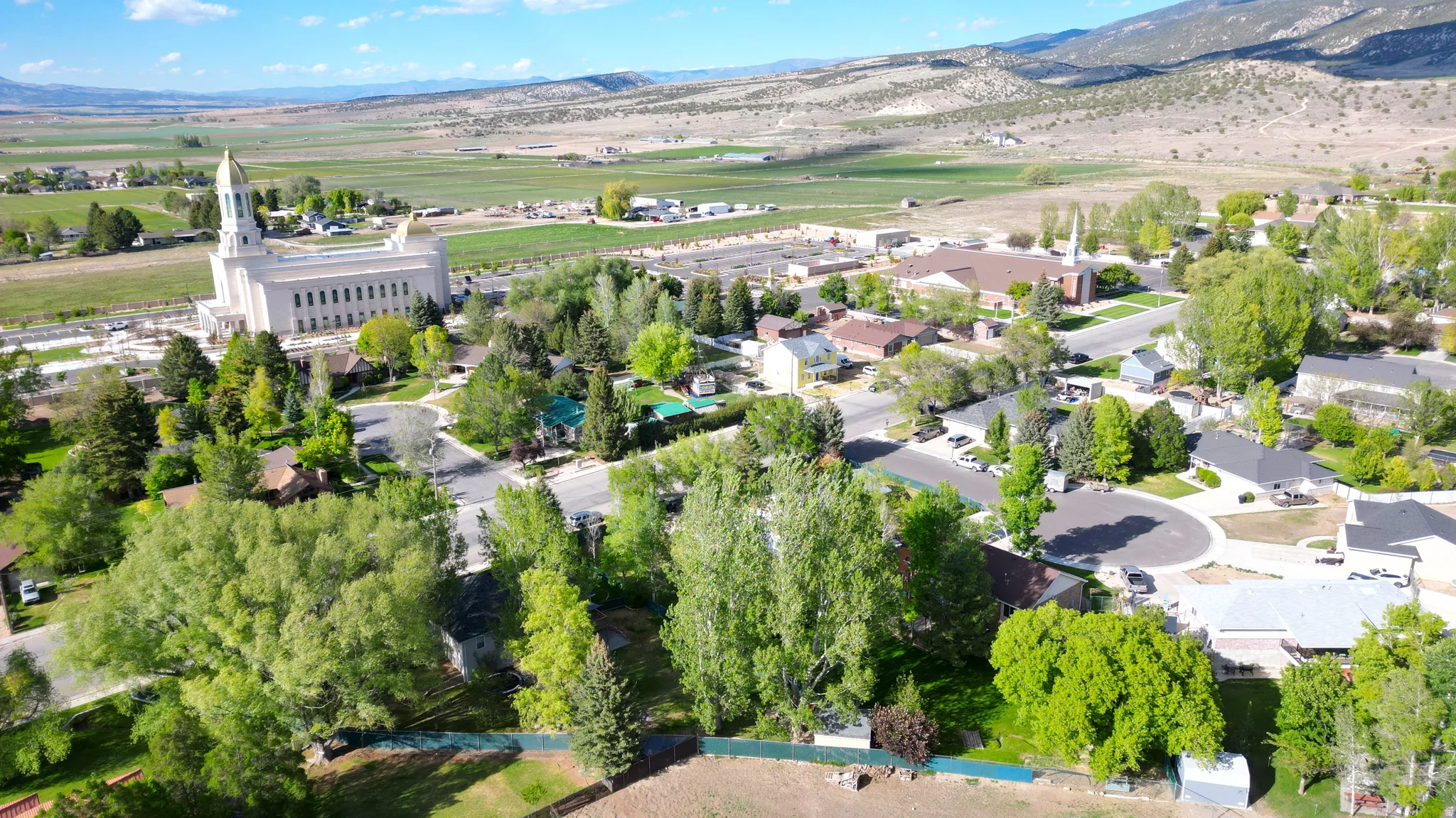 Aerial perspective showcasing residential properties amidst mature trees and mountainous terrain
