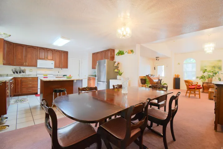 Open-concept living area featuring a kitchen with wood cabinetry, light-toned countertops, and white appliances