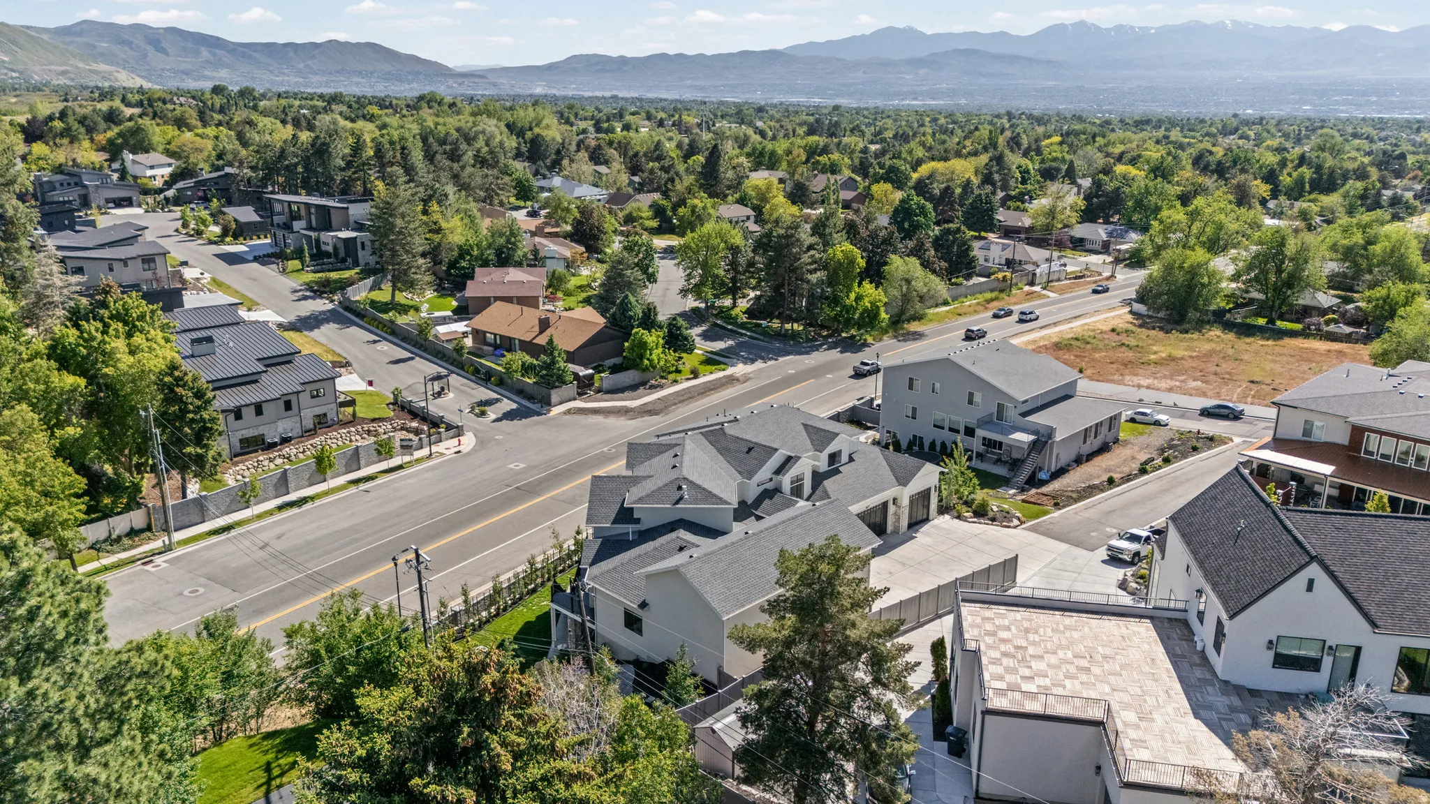 Aerial perspective of a developed residential area with varied architectural styles