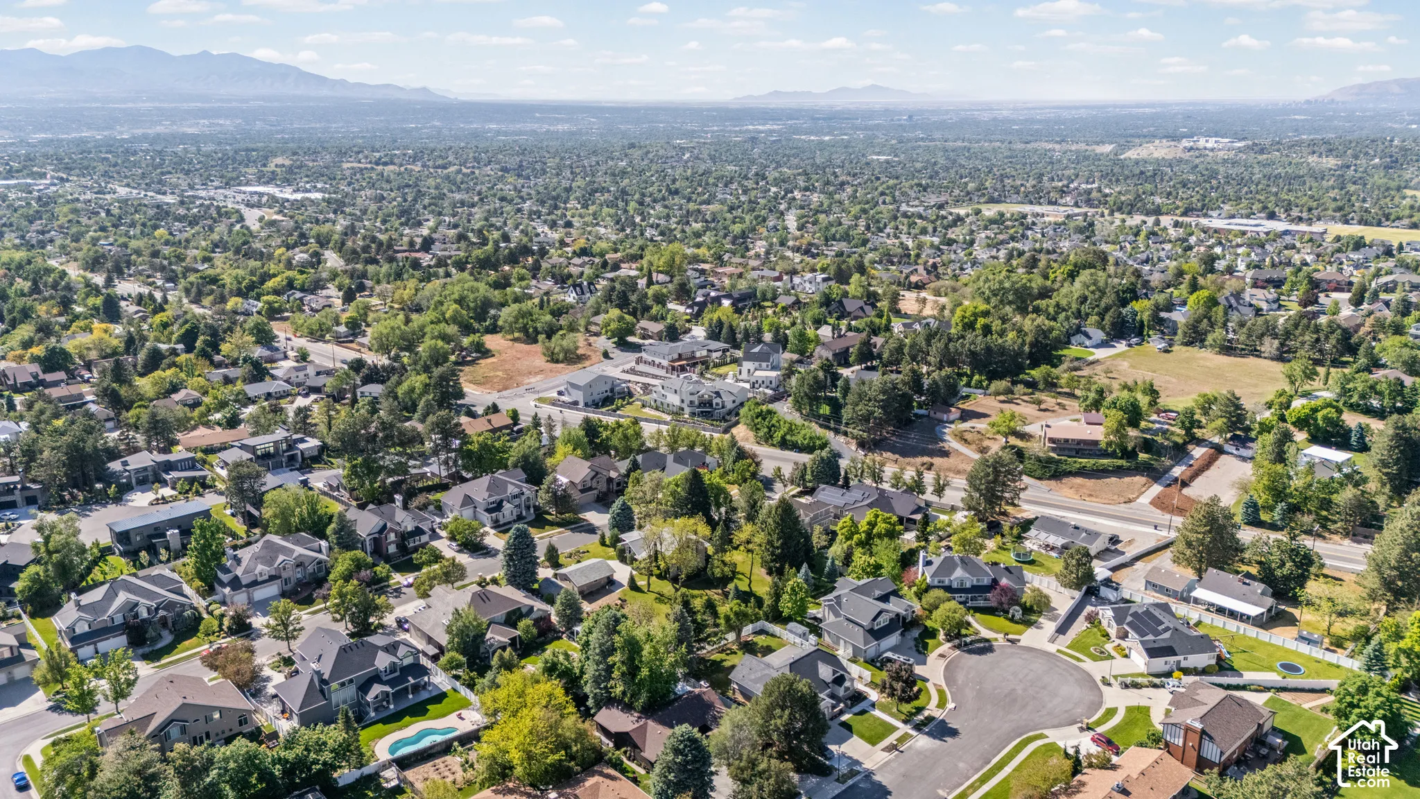 Expansive residential area featuring numerous single-family homes, mature trees, and a distant mountain range