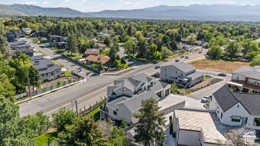 Aerial perspective of a developed residential area with varied architectural styles