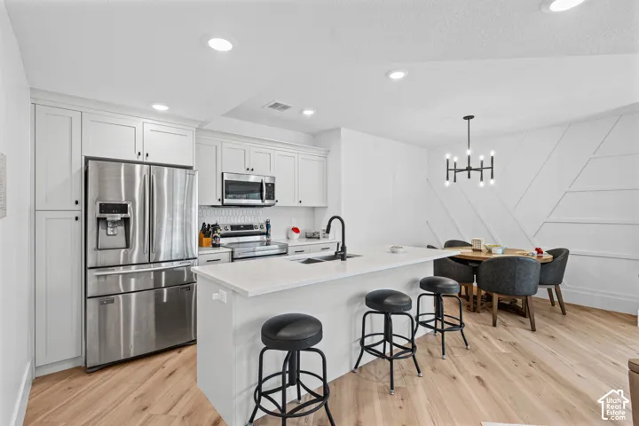 Modern kitchen featuring white shaker cabinetry, stainless steel appliances, a center island with countertop seating, and light wood-finish flooring