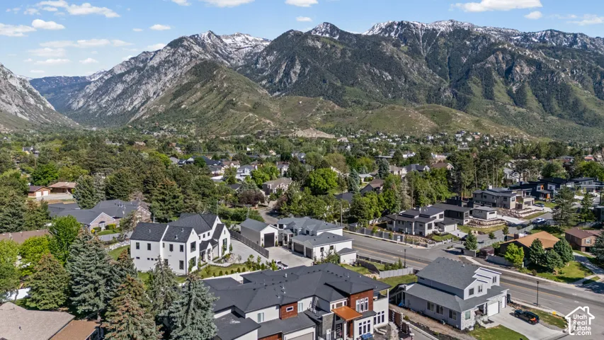 Aerial perspective showcasing a residential area with extensive natural landscaping and mature trees