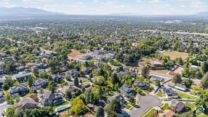 Expansive residential area featuring numerous single-family homes, mature trees, and a distant mountain range