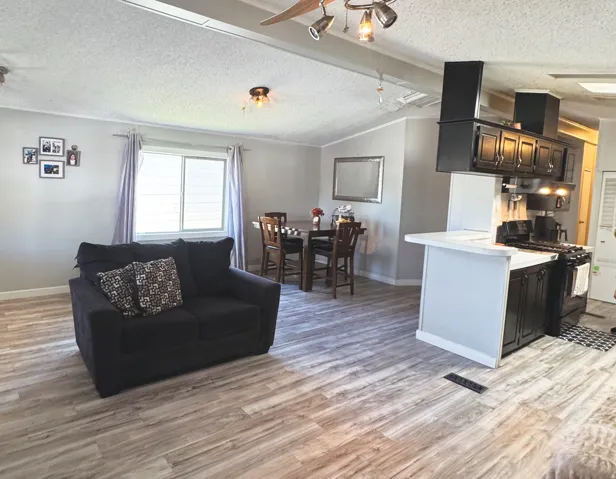 Open-concept living area with wood-finish flooring, recessed lighting, and a neutral color palette