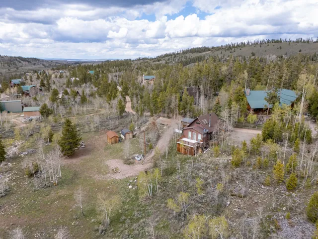 Mountain property featuring a brown siding exterior, a prominent green roof, surrounding mature trees, a gravel driveway, and additional outbuildings