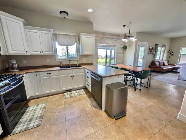 Open-concept kitchen featuring white cabinetry, a double basin sink, and a built-in dishwasher