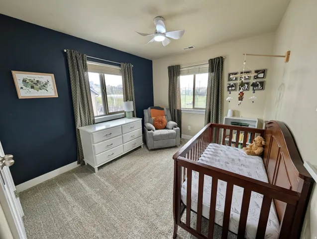 Neutral-toned carpet flooring complements the room's contrasting wall colors
