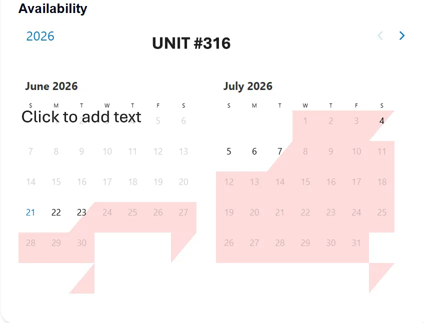 Unit Availability Calendar. Displaying booking status for unit 316 for June and July 2026