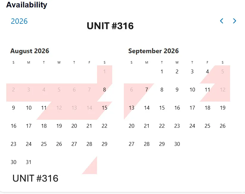 Availability Calendar, Unit #316. Displaying periods of occupancy and availability for the property