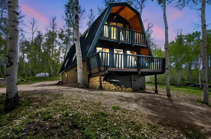 A-frame structure with a dark siding finish and natural wood accents
