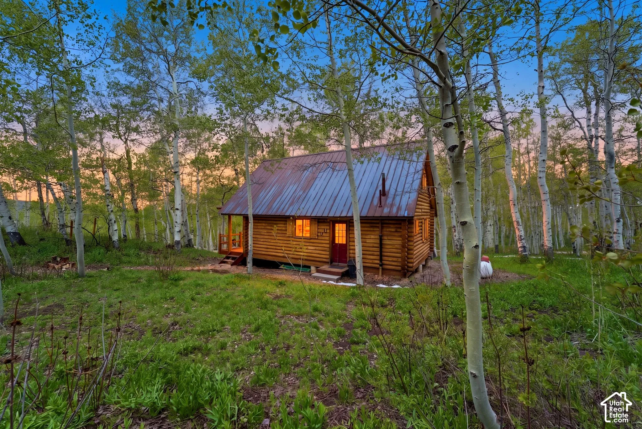 Log cabin exterior featuring a corrugated metal roof, a covered porch with wooden steps, and a red entry door