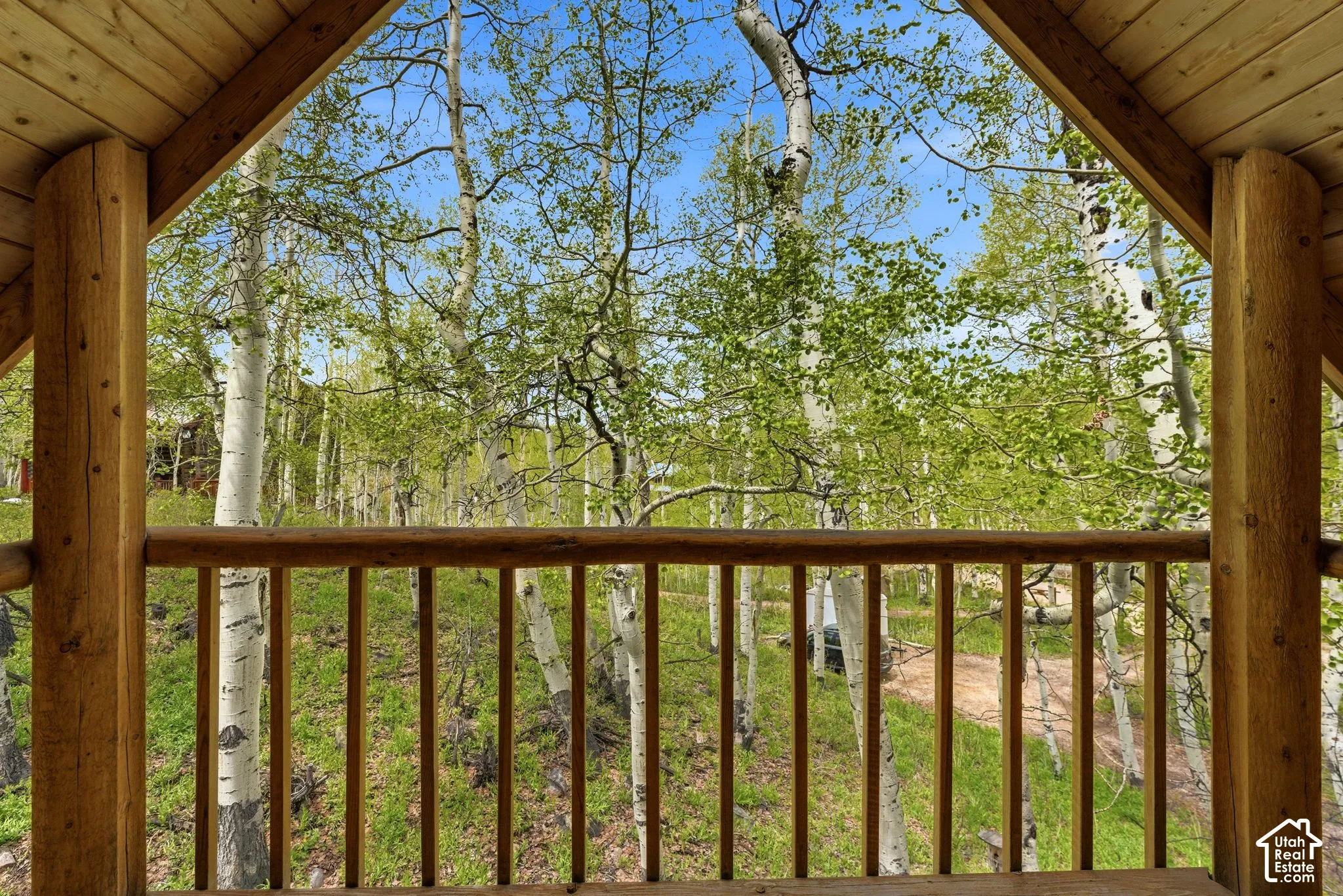 Wood-finish balcony with log-style railing and ceiling, overlooking a forested landscape with mature trees and natural ground cover