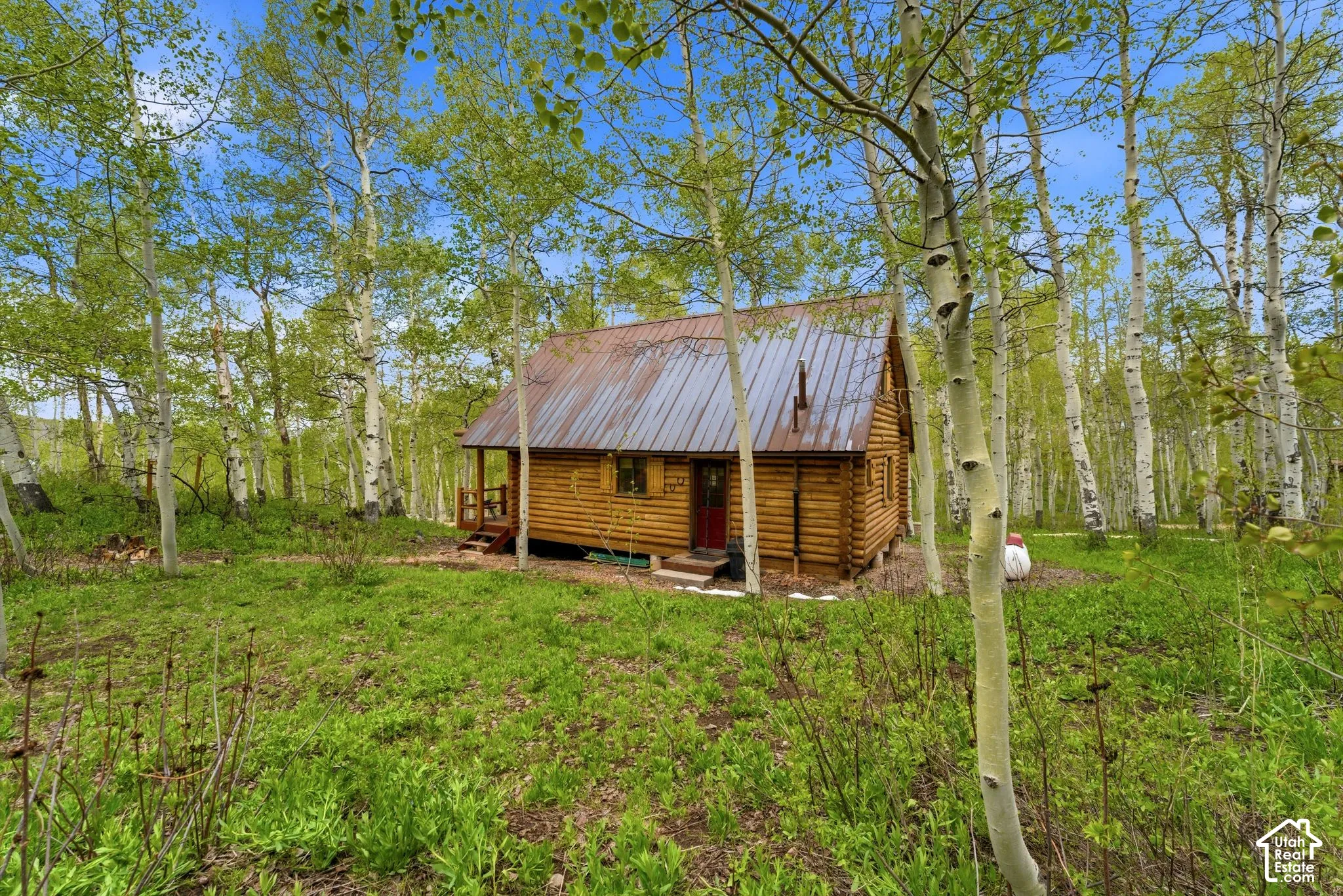 Log cabin featuring a metal roof, wood siding, and an inviting front porch
