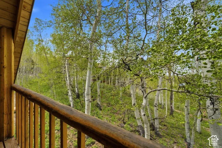 Balcony with a rustic wood railing and a wood-paneled ceiling, overlooking a hillside populated with numerous aspen trees featuring light green foliage
