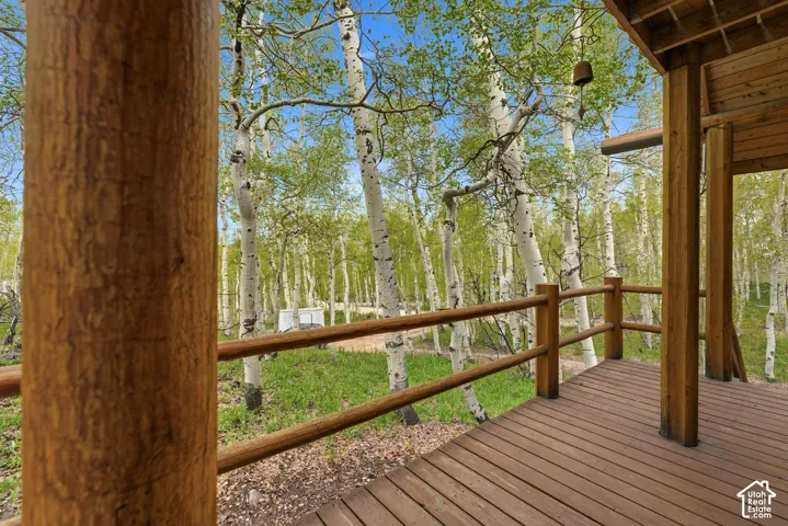 Wood-plank outdoor deck with natural wood railing, surrounded by a grove of trees with light green foliage