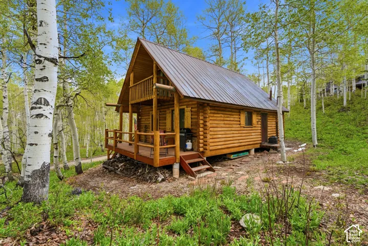 Log cabin exterior featuring a steep-pitched metal roof and natural wood siding