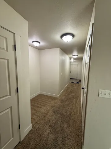 Unit C - Hallway featuring wall-to-wall carpeting, white baseboards, and multiple ceiling-mounted dome light fixtures